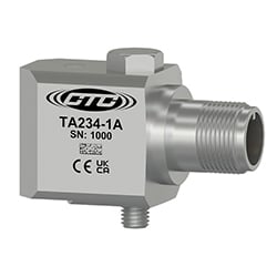 A stainless steel, standard size, side exit TA234 dual output vibration monitoring sensor engraved with the CTC Line logo, part number, serial number, and CE and UKCA certification markings.\